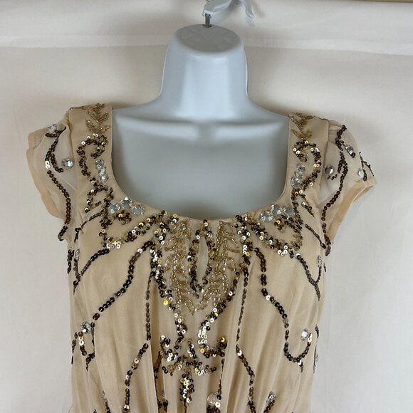 Shail K. Romper 2 Cream Brown Sequin Rhinestones Lined Short Sleeve Tie Waist - Picture 2 of 14